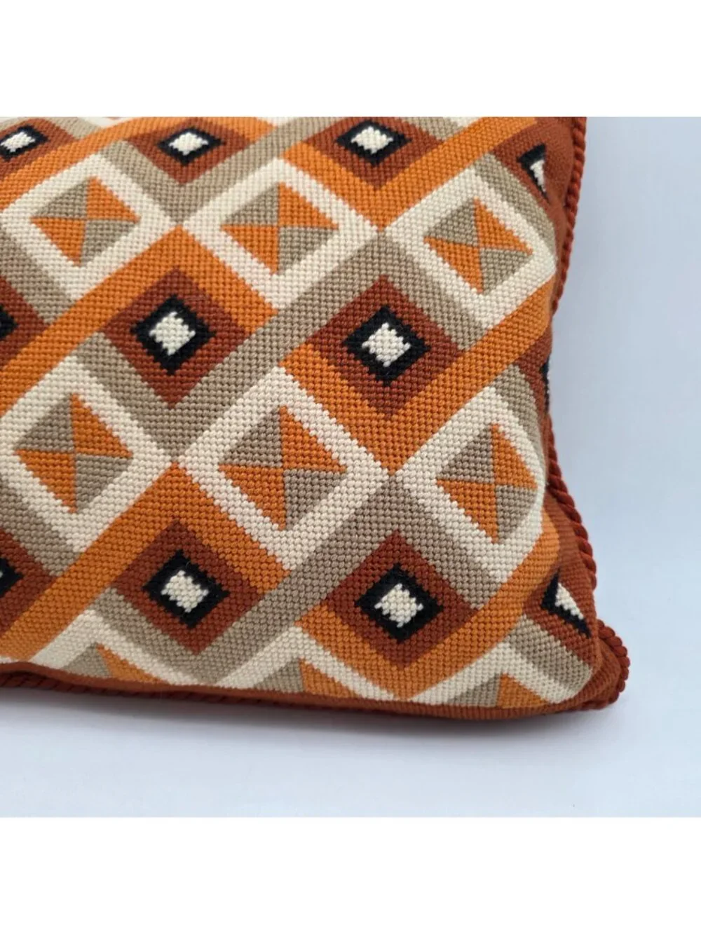 Mid-Century Geometric Needlepoint Throw Pillow With Velvet Back In Orange 18